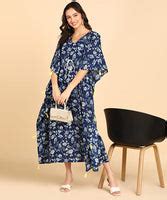 BLOCKS OF INDIA Hand Block Kaftan in Cotton Fabric (Blue Flower ...
