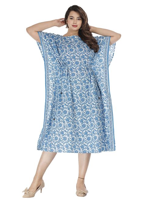 Get Blue and White Floral Printed Cotton Kaftan With Side Tie Ups at ...