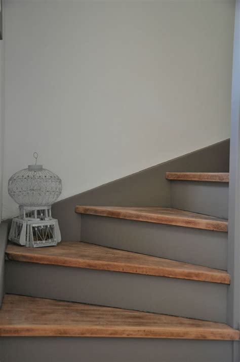 Stair treads left bare wood, risers painted in stormy grey Basement ...