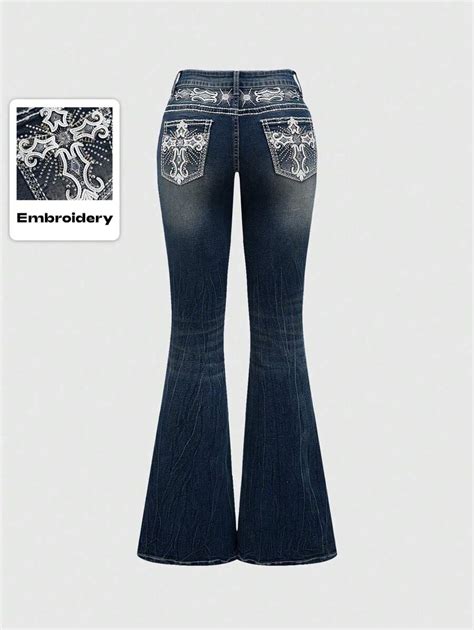 Our Grunge Punk Y2K Retro Poket Cross Embroidered Flare Leg Fitted Low ...
