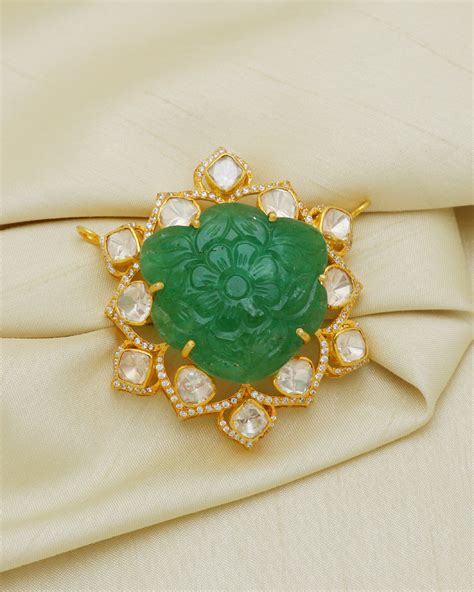 925 Silver Carved Emerald Moisanite Polki Pendant Jewelry – Raj Gems