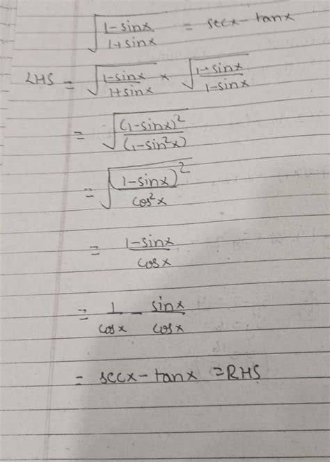 show that under root 1 - sin x upon 1 + sin x is equals to sec X -tanx ...