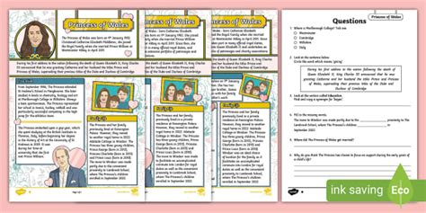 UKS2 The Princess of Wales Reading Comprehension Activity