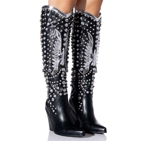 A Pair Rhinestone Cowboy Boots For Women Eagle Parttern Cowgirl Boots ...