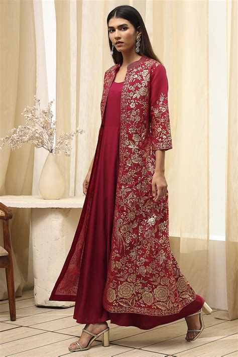 Plum Art Silk Flared with Cape Printed Dress at Biba India