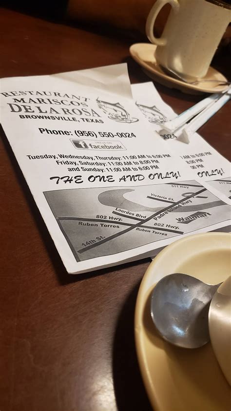 Menu at Mariscos De La Rosa restaurant, Brownsville, Padre Island Hwy