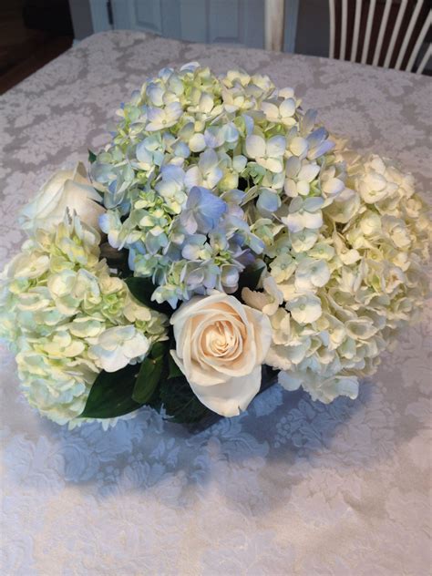 Hydrangea centerpiece w/touch of blue | Hydrangea centerpiece ...