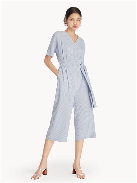 Cropped Stripe Short Sleeves Jumpsuit - Blue - Pomelo Fashion