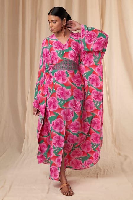 Buy Green Natural Crepe Printed Bloomerang V Neck Kaftan Dress With ...