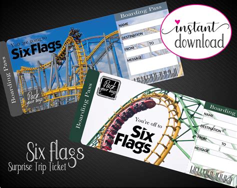 Printable SIX FLAGS Surprise Gift Ticket. Boarding Pass. Trip Ticket ...