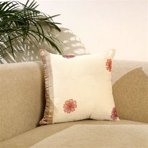 Beige Kantha Work Chanderi Silk Cushion Cover