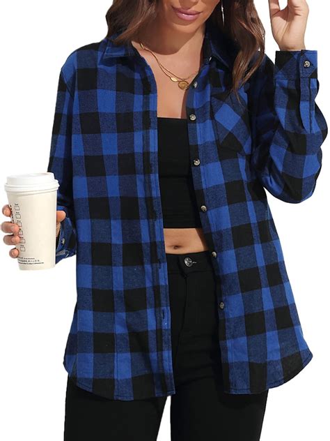 MOSHU Flannel Shirts for Women Casual Plaid Womens Tops Long Sleeve ...