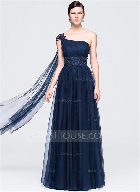 A-Line/Princess One-Shoulder Floor-Length Tulle Evening Dress With ...