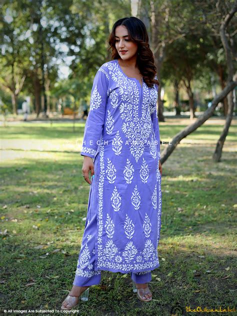 Ezna Modal Chikankari Kurta Set - Lavender | The Chikan Label