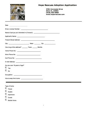 Fillable Online Hope Rescue Adoption Application - Hope Animal Rescues ...