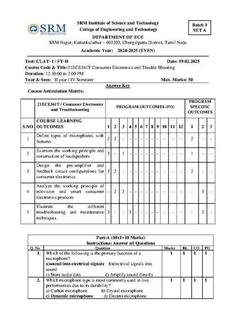 21ECE361T Consumer Electronics & Troubleshooting: Answer Key for CT-I ...