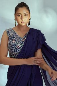 Buy Purple Georgette Thread Work V Neck Pre-draped Ruffle Saree With ...