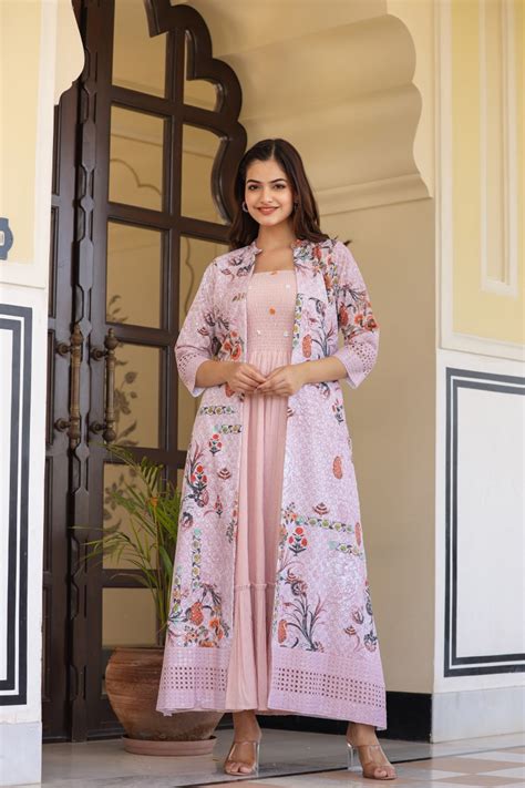 Elegant Long Gown with Embroidered Shrug – Custard