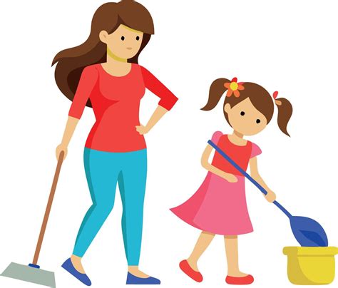 A mother and daughter cleaning the house together, the mother sweeping ...