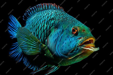 Blue parrot fish or green humphead parrot fish closeup from side view ...