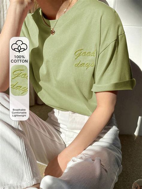 Dazy-Less Letter Embroidery Drop Shoulder Tee Summer | SHEIN USA