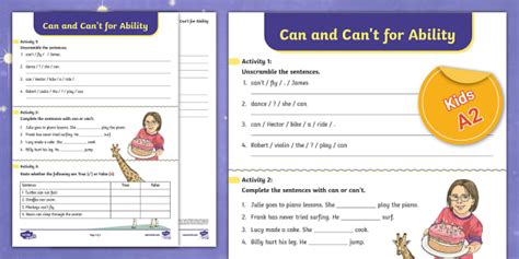 ESL Can and Can't for Ability Worksheet [Kids, A2]