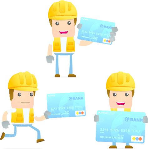 Set Of Funny Cartoon Builder Bank Credit Orange Vector, Bank, Credit ...