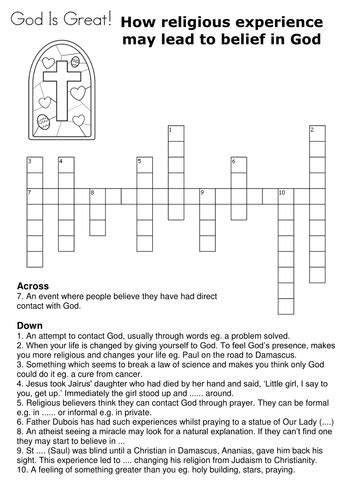 How religious experience may lead to belief in God Crossword by sfy773 ...