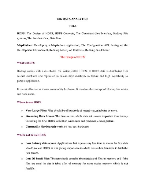 Big Data Analytics Unit 2 - BIG DATA ANALYTICS Unit- HDFS: The Design ...