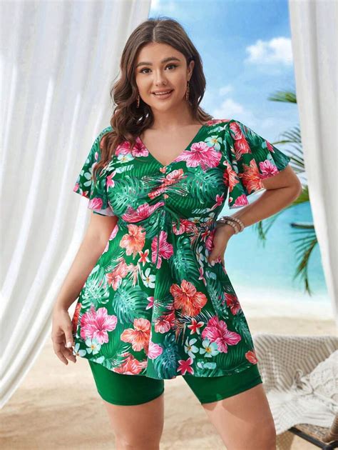Swim Lushoire Summer Beach Plus Size Tropical Print Flare Sleeve Top ...