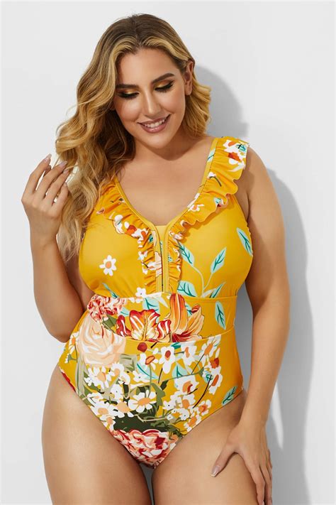 Yellow Ruffles V-neck Flower One Piece Swimsuit - Meet.Curve - Meet.Curve