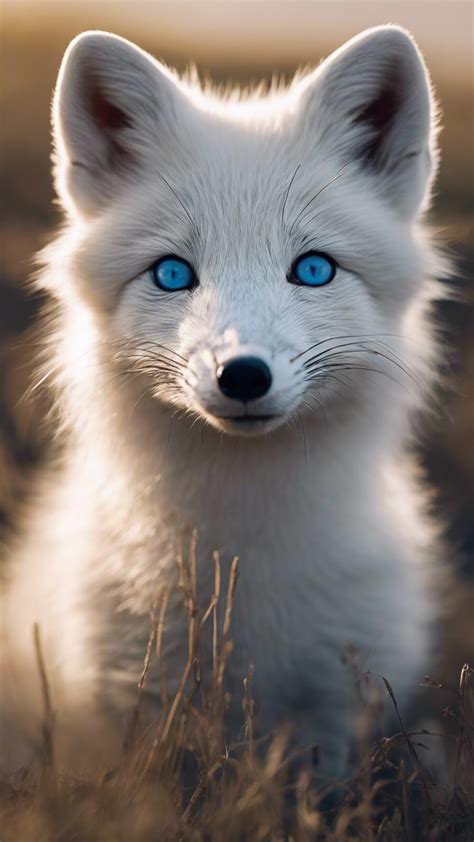 A close-up view of a white Arctic fox curiously investigating the ...