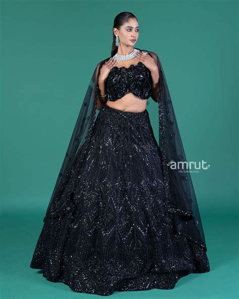 Black Sequined Lehenga Choli with Embellished Crop Choli and Net Dupat ...