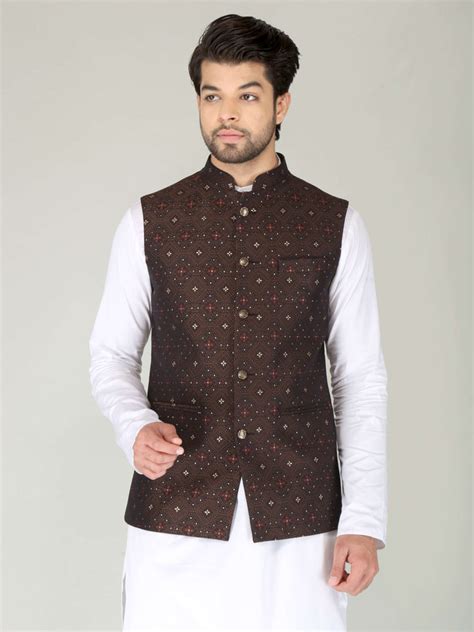 Brown Star Printed Ethnic Nehru Jacket For Men | Amogue