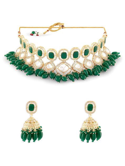 ZAVERI PEARLS Green Stones Cluster Beads Drop Austrian Diamonds ...
