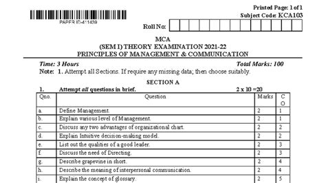 KCA103 MCA SEM I Principles of Management Communication Exam Paper 2021 ...
