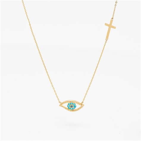 9K Yellow Gold Zirconia Evil Eye And Cross Necklace – Simon Curwood Jewellers