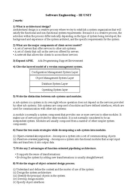 Software Engineering SE Unit 3: Architectural Design Insights - Studocu
