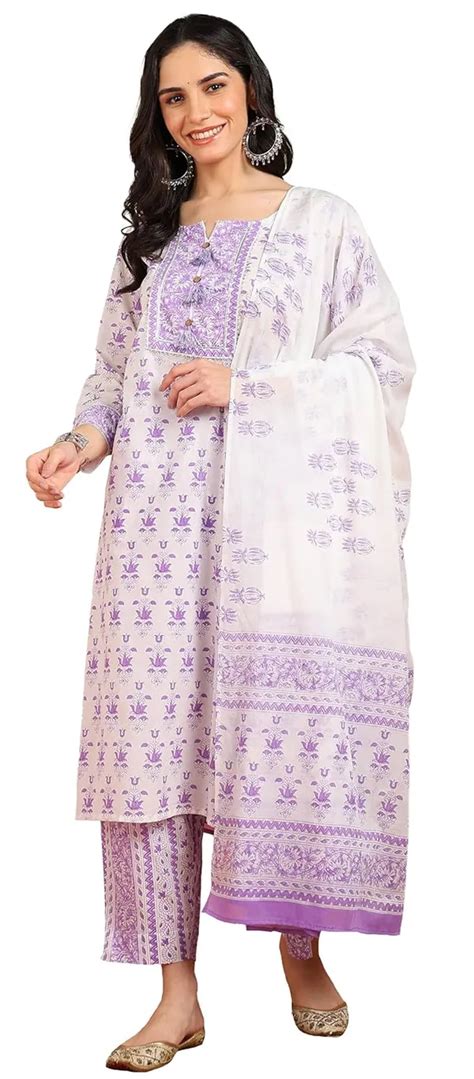 Yash Gallery Purple Cotton Calf Length Notch Neck 3/4 Sleeves Floral ...