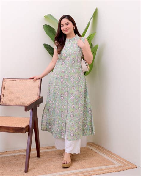 Green 2 PC Pure Cotton Floral A Line Schiffli Palazzo Set For Women ...
