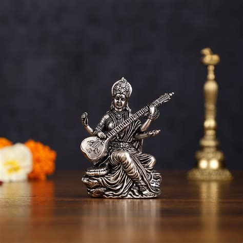 Silver Plated Saraswati Miniature Idol - 3" Tall – Budhshiv.com