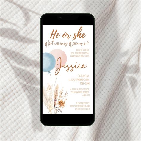 Digital Gender Reveal Invitation, Electronic Boho Gender Reveal Party E ...