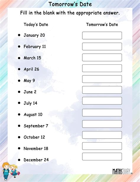 Tomorrow’s Date - Math Worksheets - MathsDiary.com