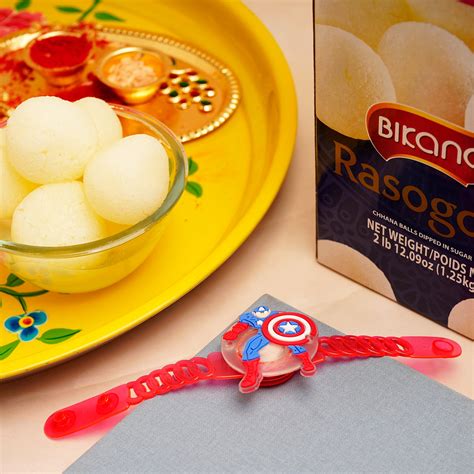 Captain America Red Rakhi with Rasgulla