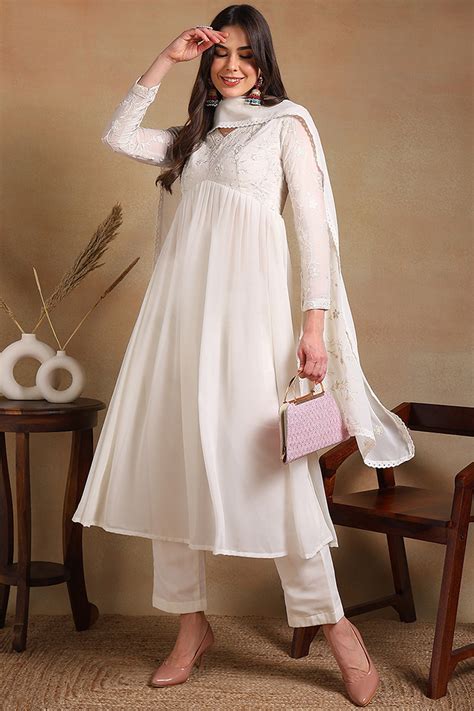 Off White Poly Georgette Embroidered A-Line Suit Set PKSKD2337 – Ahika