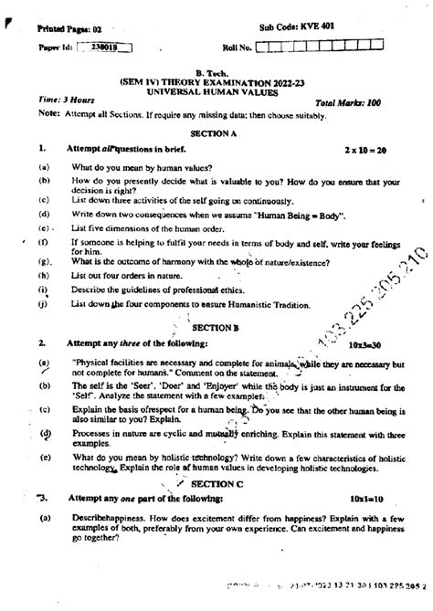 Btech 4 sem universal human values kve 401 2023 - Printed Pages: 02 Sub ...