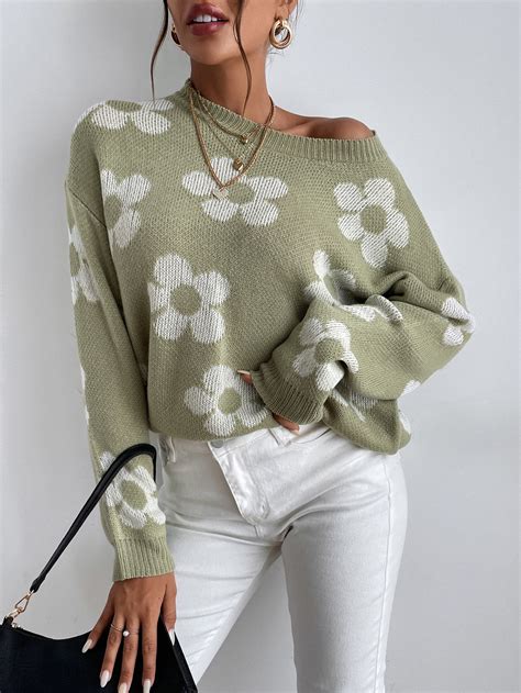 SHEIN Essnce Floral Pattern Drop Shoulder Sweater | SHEIN USA