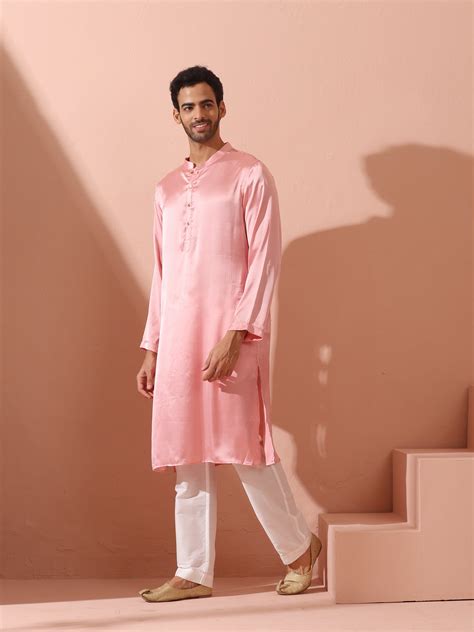 Blush Satin Kurta with Gold Buttons
