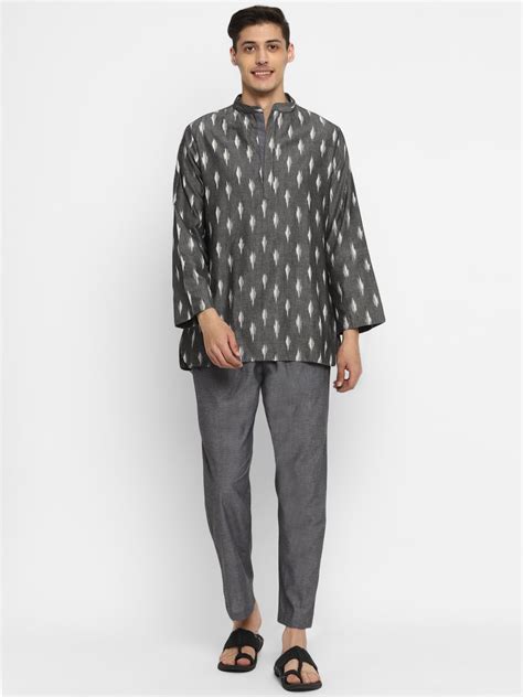 uNidraa | Grey Ivory Ikat Weave Cotton Shirt and Pyjamas For Men