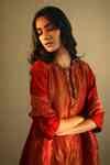 Buy Red Chanderi, Handloom Tissue Mandarin Collar Kurta And Pant Set ...